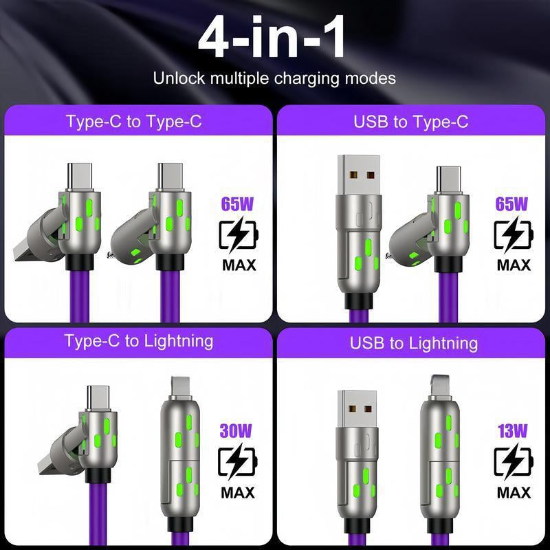 [Buy 1 Get 1 Free] 6.6FT 4-In-1 USB-C Cable PD Fast Charging Data Sync USB-A Type-C Lightning Aluminum Compatible Cellphone Smartphone Electronic Charger