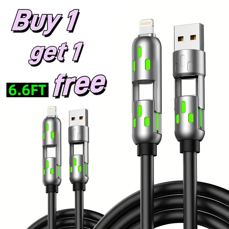 [Buy 1 Get 1 Free] 6.6FT 4-In-1 USB-C Cable PD Fast Charging Data Sync USB-A Type-C Lightning Aluminum Compatible Cellphone Smartphone Electronic Charger