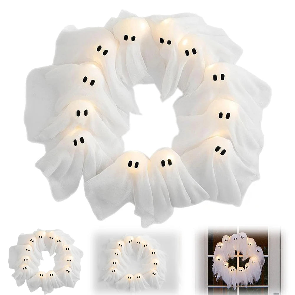2025 LED Glowing Halloween Decoration - Light-Up Ghost Wreath for Outdoor Wall and Front Door Decor