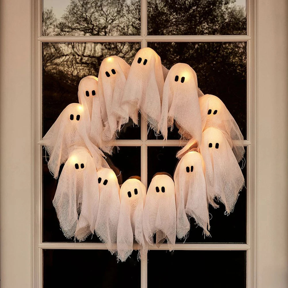 2025 LED Glowing Halloween Decoration - Light-Up Ghost Wreath for Outdoor Wall and Front Door Decor