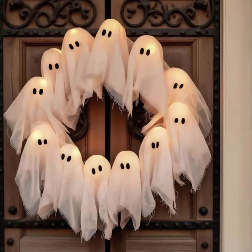 2025 LED Glowing Halloween Decoration - Light-Up Ghost Wreath for Outdoor Wall and Front Door Decor